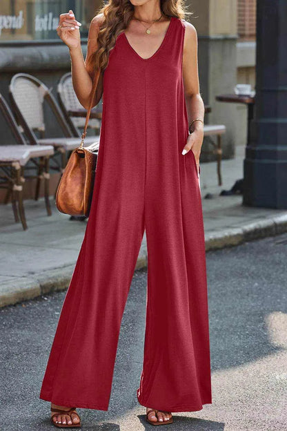 Full Size V-Neck Wide Strap Jumpsuit - Purcell's Clothing Company