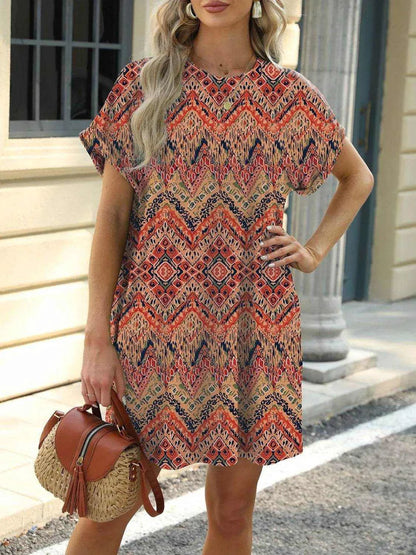 Printed Round Neck Short Sleeve Mini Dress - Purcell's Clothing Company