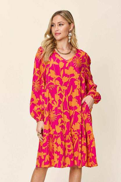 Double Take Full Size Printed Ruffle Hem Dress with Pocket - Purcell's Clothing Company