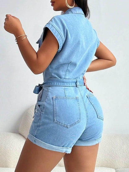 Tie Waist Cap Sleeve Denim Romper - Purcell's Clothing Company