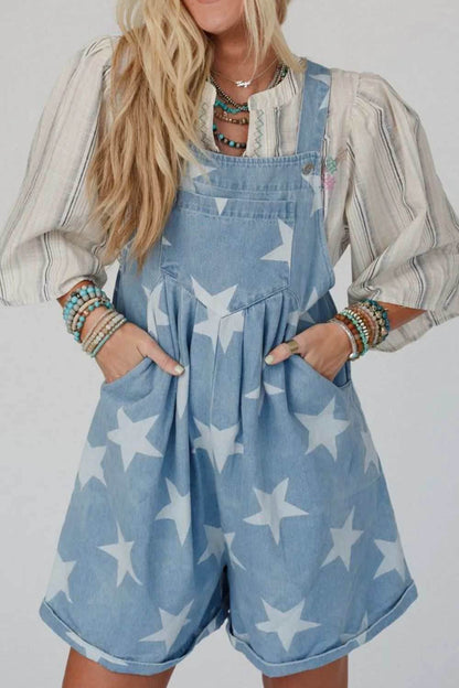 Star Print Square Neck Denim Overalls - Purcell's Clothing Company