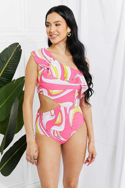 Marina West Swim Vitamin C Asymmetric Cutout Ruffle Swimsuit in Pink - Purcell's Clothing Company