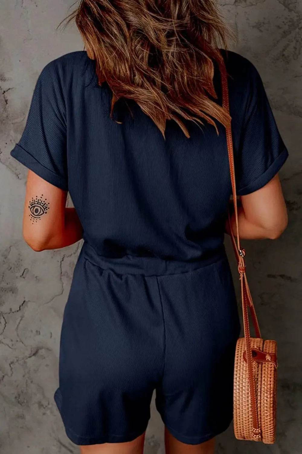 Full Size Drawstring V-Neck Short Sleeve Romper - Purcell's Clothing Company