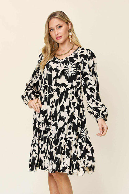 Double Take Full Size Printed Ruffle Hem Dress with Pocket - Purcell's Clothing Company