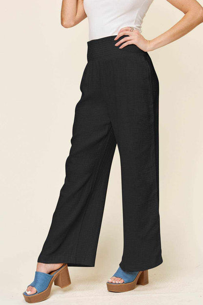 Double Take Full Size Texture Smocked Waist Wide Leg Pants - Purcell's Clothing Company