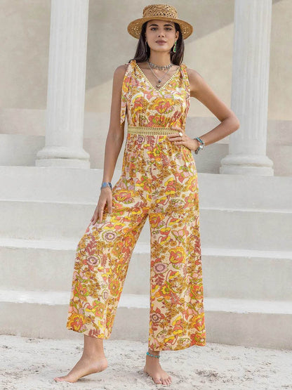 Printed V-Neck Tie Shoulder Jumpsuit - Purcell's Clothing Company