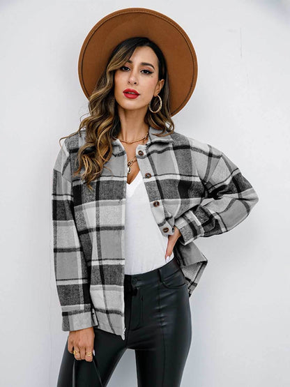 Shiny Plaid Button Up Collared Neck Jacket - Purcell's Clothing Company