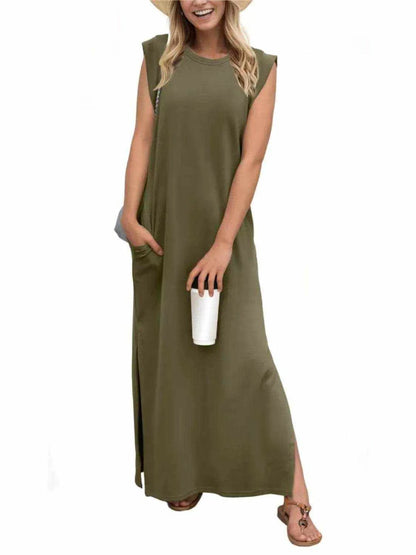 Full Size Slit Round Neck Sleeveless Maxi Tank Dress Plus Size - Purcell's Clothing Company
