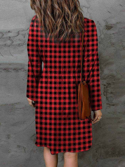 Double Take Full Size Plaid Round Neck Long Sleeve Magic Dress - Purcell's Clothing Company