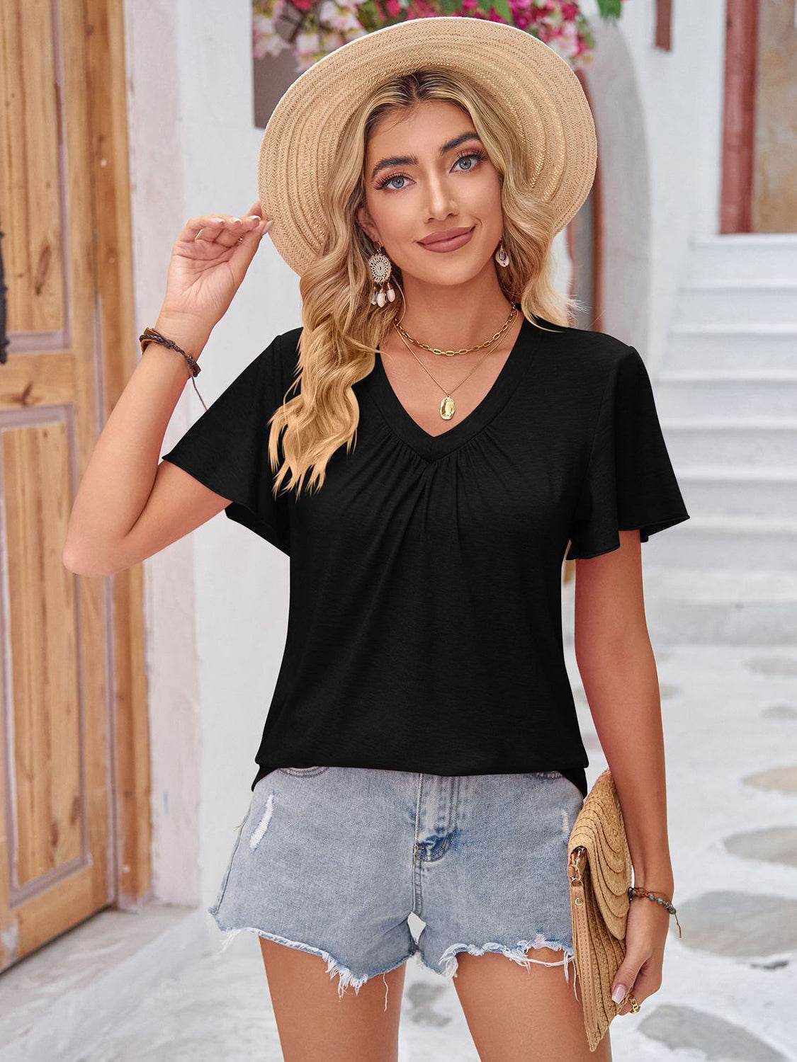Double Take Ruched V-Neck Short Sleeve T-Shirt - Purcell's Clothing Company