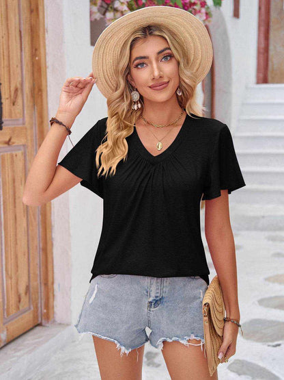 Double Take Ruched V-Neck Short Sleeve T-Shirt - Purcell's Clothing Company