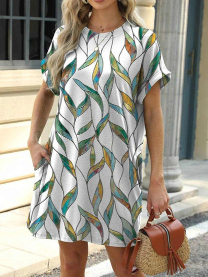 Printed Round Neck Short Sleeve Mini Dress - Purcell's Clothing Company