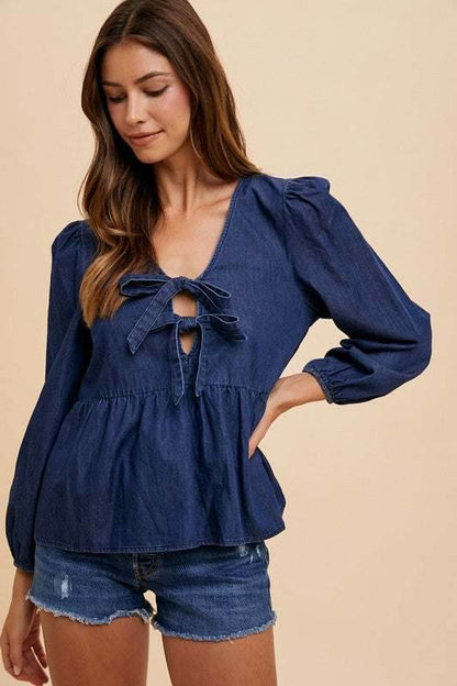 Annie Wear Tie Front Peplum Long Sleeve Denim Top - Purcell's Clothing Company