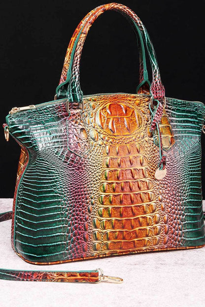 Gradient PU leather medium handbag with crocodile texture and removable strap