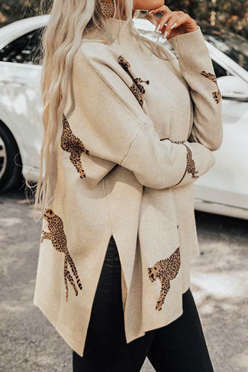 Animal Pattern Mock Neck Long Sleeve Slit Sweater - Purcell's Clothing Company
