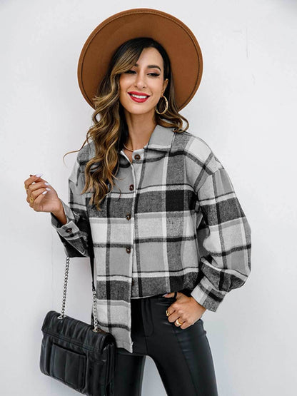 Shiny Plaid Button Up Collared Neck Jacket - Purcell's Clothing Company