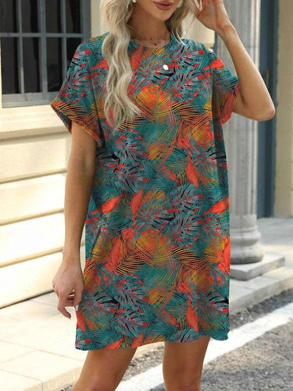 Printed Round Neck Short Sleeve Mini Dress - Purcell's Clothing Company