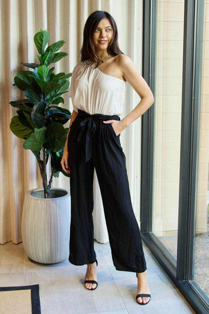 Dress Day Marvelous in Manhattan One-Shoulder Jumpsuit in White/Black - Purcell's Clothing Company