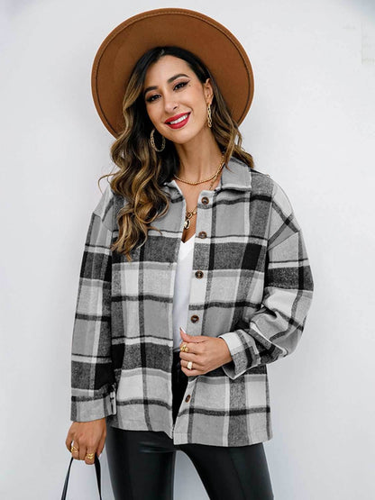 Shiny Plaid Button Up Collared Neck Jacket - Purcell's Clothing Company