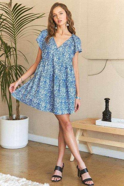 ADORA Printed V-Neck Ruffle Sleeve Mini Dress - Purcell's Clothing Company