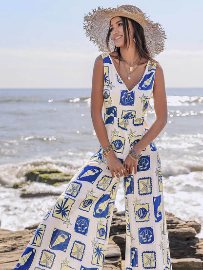 Printed V-Neck Wide Leg Jumpsuit - Purcell's Clothing Company