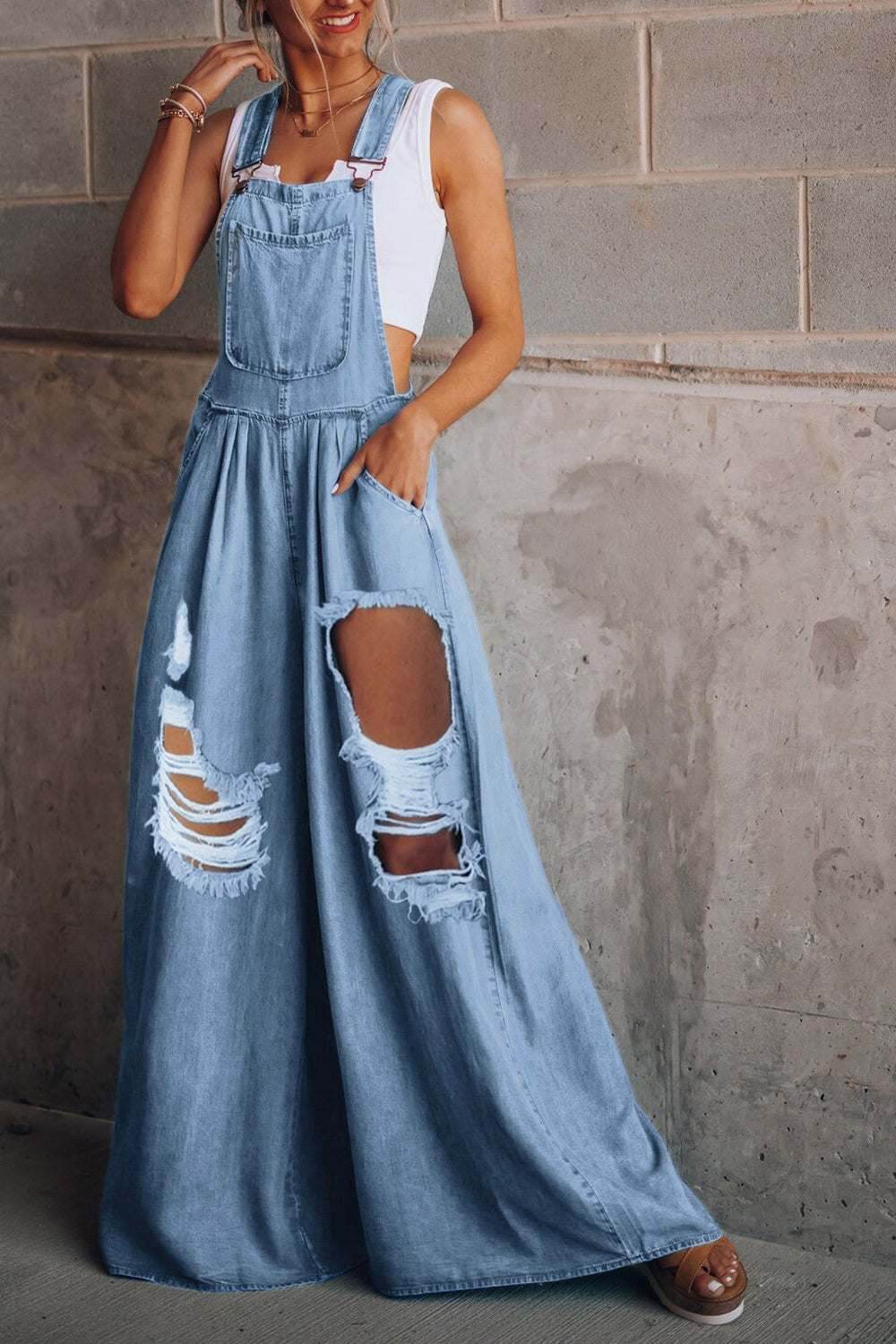 Distressed Wide Leg Denim Overalls - Purcell's Clothing Company