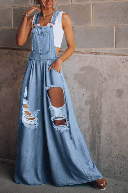 Distressed Wide Leg Denim Overalls - Purcell's Clothing Company