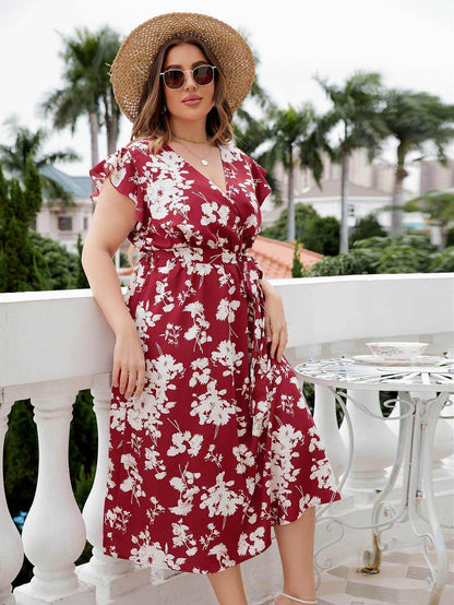 Honey Plus Size Floral Tie Waist Surplice Neck Midi Dress - Purcell's Clothing Company