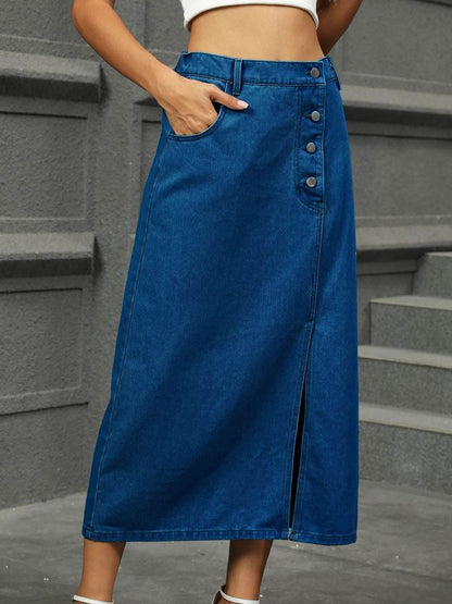 Slit Button Detail Denim Midi Skirt - Purcell's Clothing Company