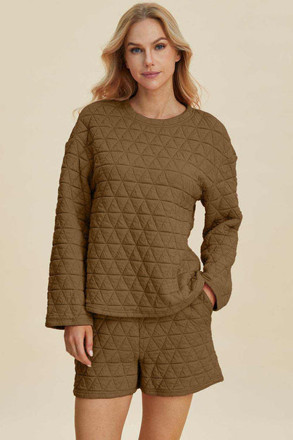 Double Take Full Size Texture Round Neck Long Sleeve Top and Shorts Set - Purcell's Clothing Company
