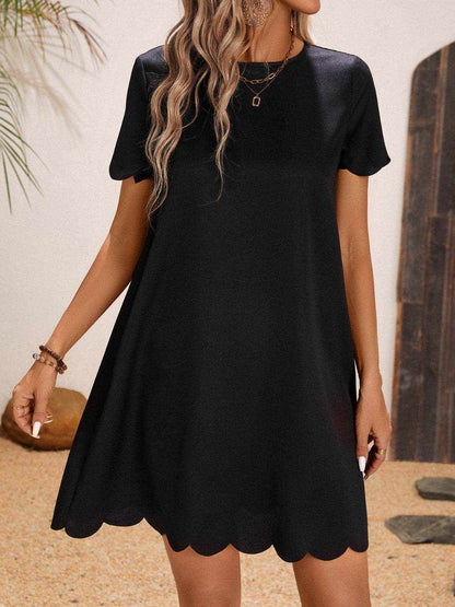 Scalloped Hem Round Neck Short Sleeve Dress - Purcell's Clothing Company