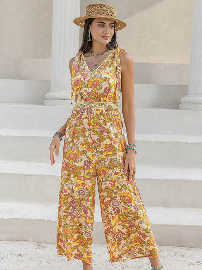 Printed V-Neck Tie Shoulder Jumpsuit - Purcell's Clothing Company