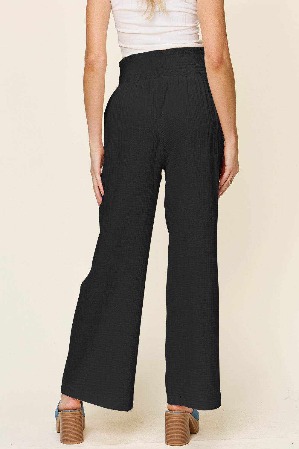 Double Take Full Size Texture Smocked Waist Wide Leg Pants - Purcell's Clothing Company