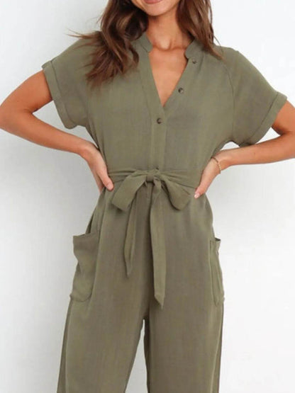 Notched Short Sleeve Tie Waist Jumpsuit - Purcell's Clothing Company