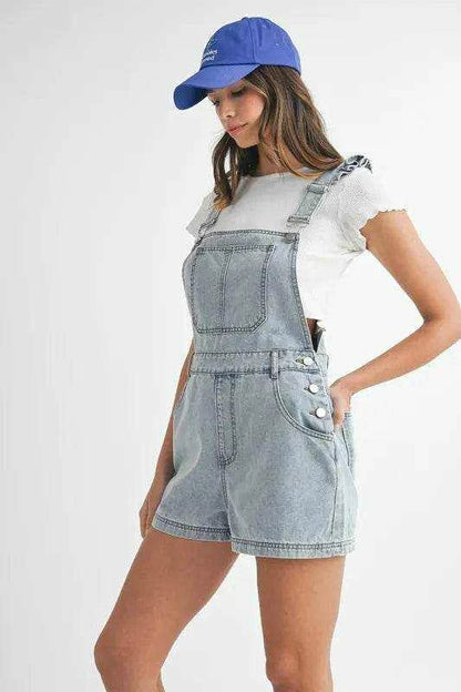 MABLE Square Neck Ruffle Shoulder Denim Overall Romper - Purcell's Clothing Company
