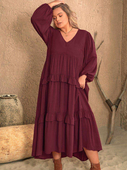 Plus Size Ruffled V-Neck Long Sleeve Dress - Purcell's Clothing Company
