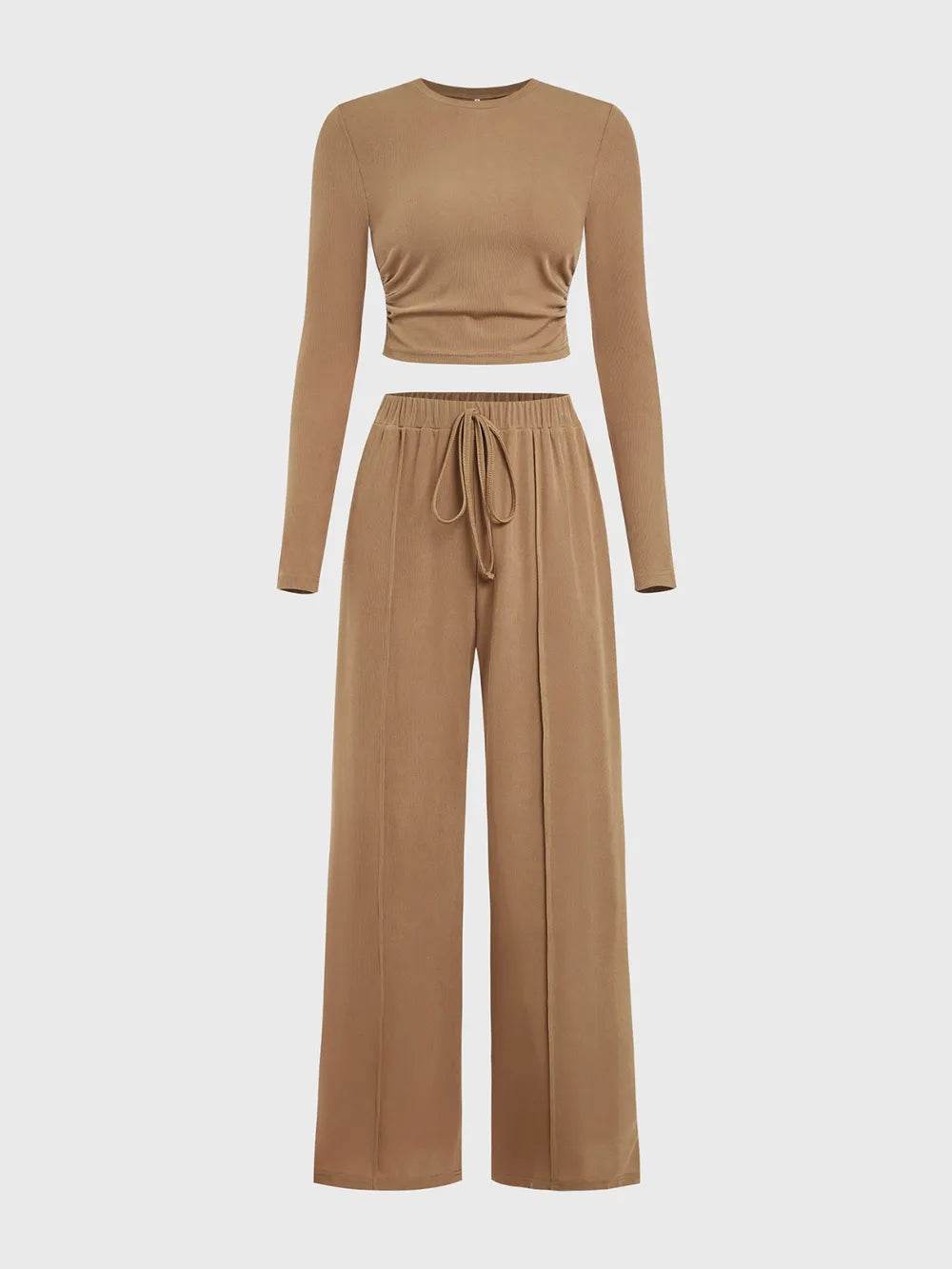 Round Neck Long Sleeve Top and Tied Pants Set - Purcell's Clothing Company
