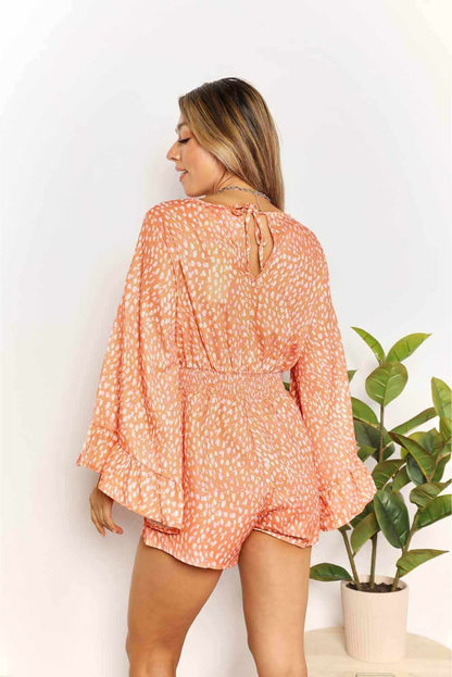 Double Take Printed Flare Sleeve Surplice Romper - Purcell's Clothing Company