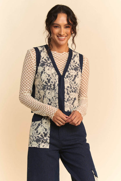 Davi & Dani Lace Patch Open Front Denim Vest - Purcell's Clothing Company