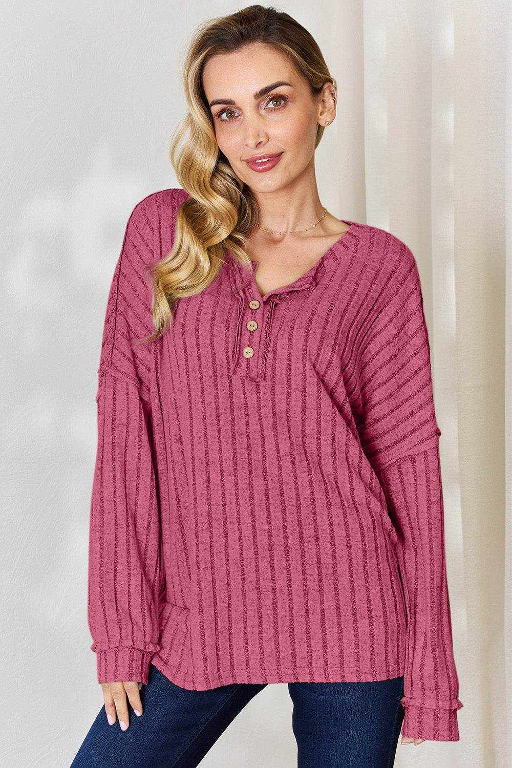 Basic Bae Full Size Ribbed Half Button Long Sleeve T-Shirt - Purcell's Clothing Company