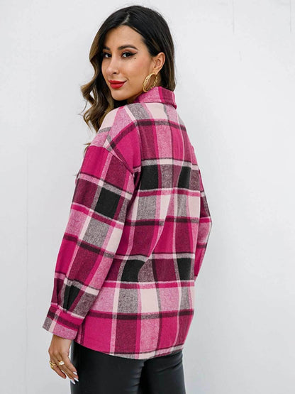 Shiny Plaid Button Up Collared Neck Jacket - Purcell's Clothing Company