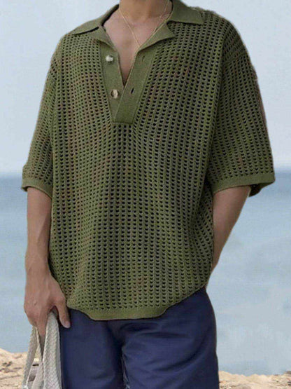 Men's Plus Size Openwork Collared Neck Quarter Button Knit Polo - Purcell's Clothing Company
