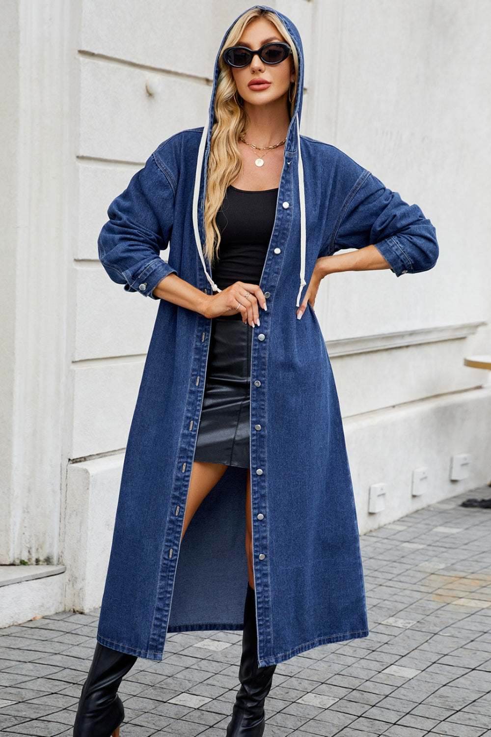 Button Up Long Sleeve Longline Hooded Denim Outerwear - Purcell's Clothing Company