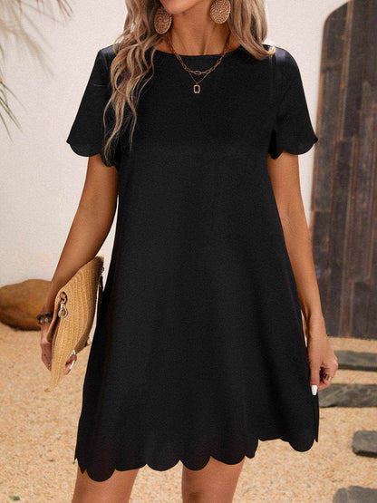 Scalloped Hem Round Neck Short Sleeve Dress - Purcell's Clothing Company
