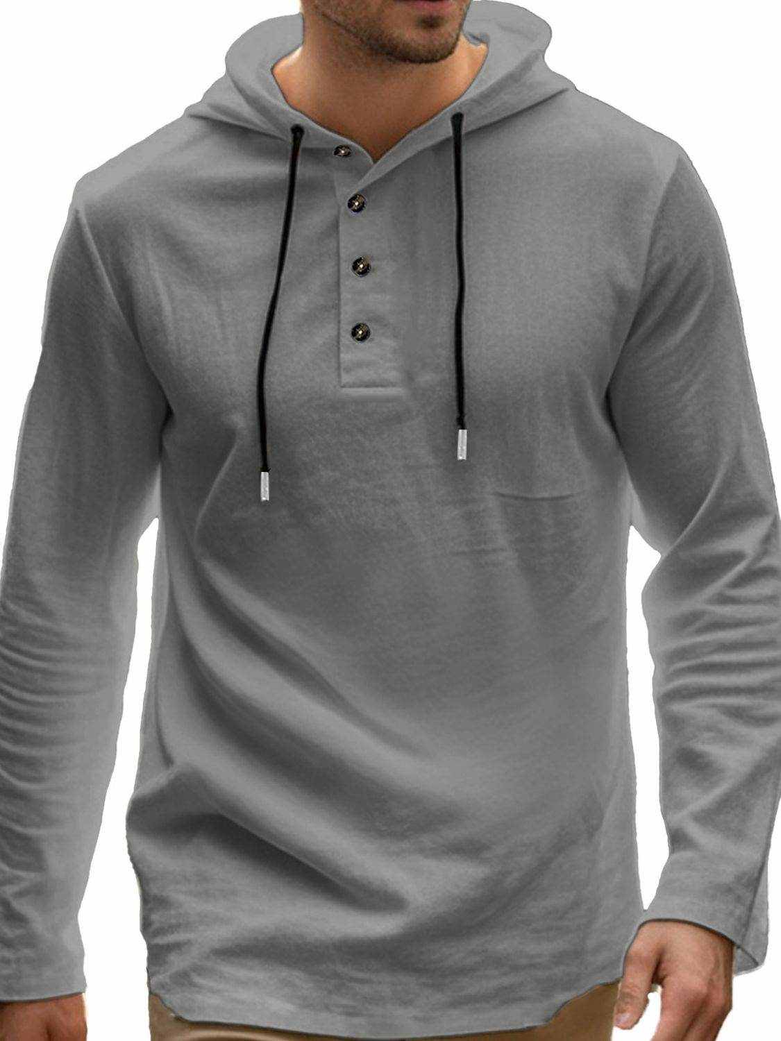 Men's Full Size Drawstring Button Detail Long Sleeve Hoodie Plus Size - Purcell's Clothing Company