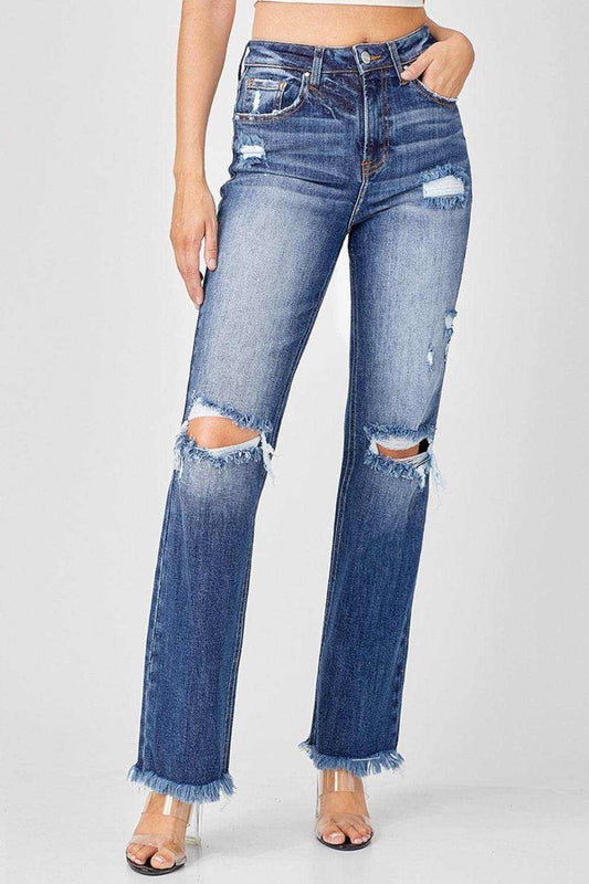 Risen Full Size Raw Hem Distressed Straight Jeans - Purcell's Clothing Company