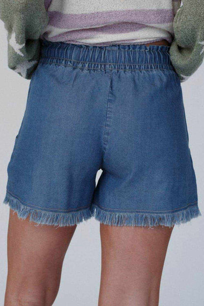 Raw Hem Drawstring High Waist Denim Shorts with Pockets - Purcell's Clothing Company