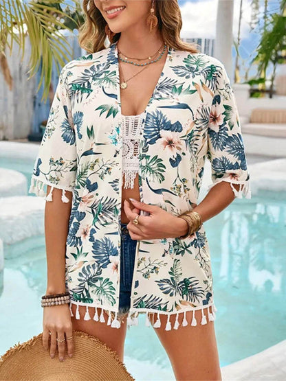Tassel Printed Open Front Half Sleeve Cover-Up - Purcell's Clothing Company