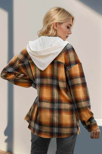 Double Take Drawstring Plaid Long Sleeve Hooded Shacket - Purcell's Clothing Company