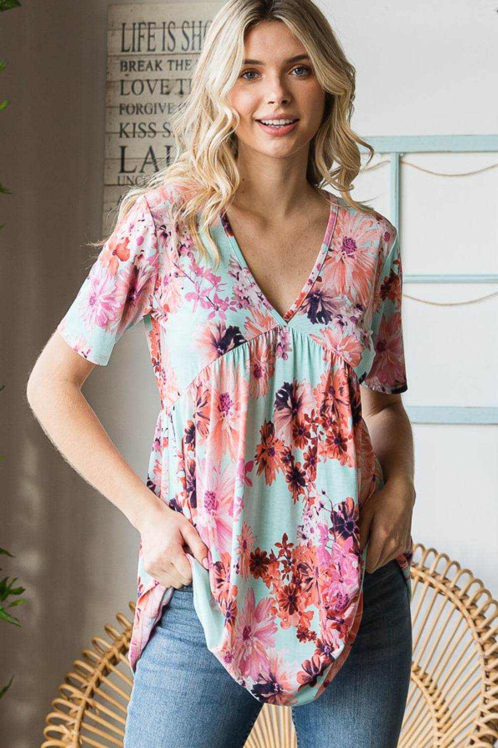 Heimish Full Size Floral V-Neck Short Sleeve Babydoll Blouse - Purcell's Clothing Company